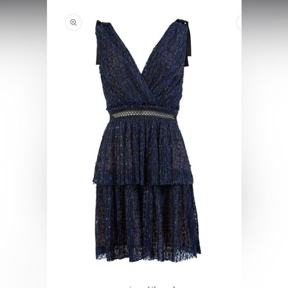 Self-Portrait V-Neck Metallic  Mesh Navy Dress - Picture 5 of 13